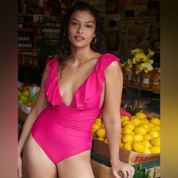 NWT J. Crew Ruched Ruffle Deep V-Neck One-Piece Swimsuit Hot Pink Size 22 - Picture 1 of 11